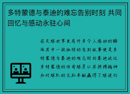 多特蒙德与泰迪的难忘告别时刻 共同回忆与感动永驻心间 多特蒙德与泰迪的难忘告别时刻 共同回忆与感动永驻心间