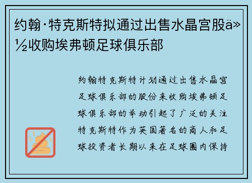 约翰·特克斯特拟通过出售水晶宫股份收购埃弗顿足球俱乐部 约翰·特克斯特拟通过出售水晶宫股份收购埃弗顿足球俱乐部